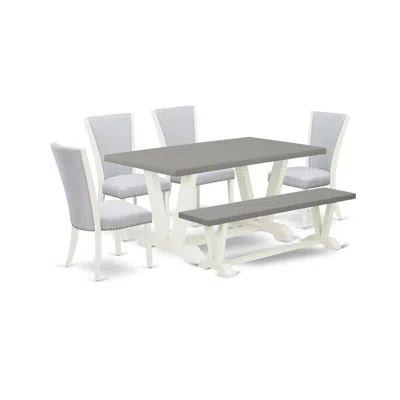 East West Furniture 6 Piece Mid Century Dining Set - 4 Grey Wirebrush Linen Fabric Dining Room Chairs With Nailheads And In Gray