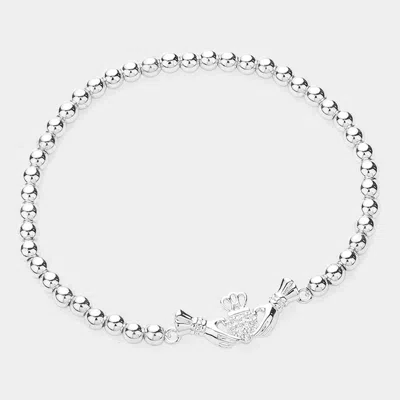 Fashnzfab Cz Stone Paved Irish Claddagh Pointed Stainless Steel Ball Beaded Stretch Bracelet Silver In Metallic