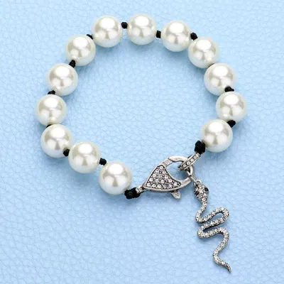Fashnzfab Pave Snake Pendant Pearl Bracelet White In White