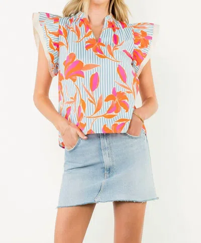 Thml Flutter Sleeve Striped Flower Top In Lite Blue In Multi