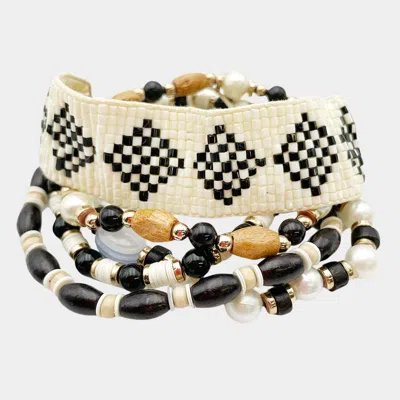 Fashnzfab 5pcs - Boho Patterned Beaded Wood Pearl Bracelets Black, White In Multi
