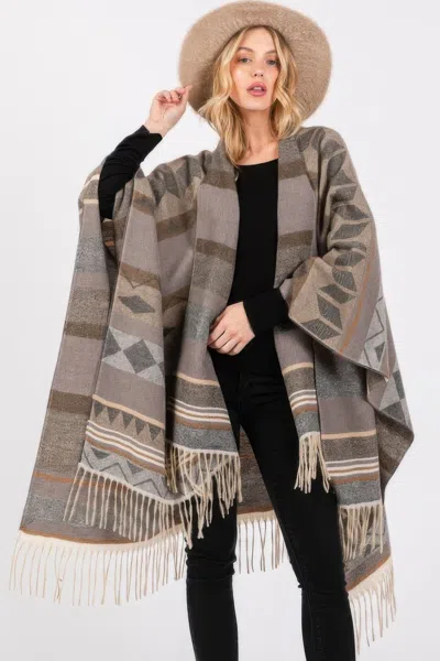 Truedames Boho Style Aztec Pattern Fringe Wrap Shawl Poncho In Gray