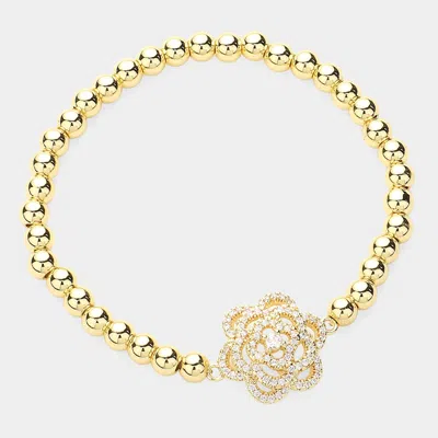 Fashnzfab Cz Stone Paved Flower Pointed Stainless Steel Ball Beaded Stretch Bracelet Gold In Gold
