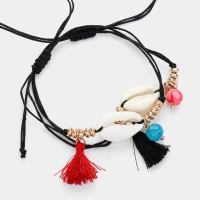 Fashnzfab 2pcs - Puka Shell Tassel Pointed Cinch Pull Tie Bracelets In Black