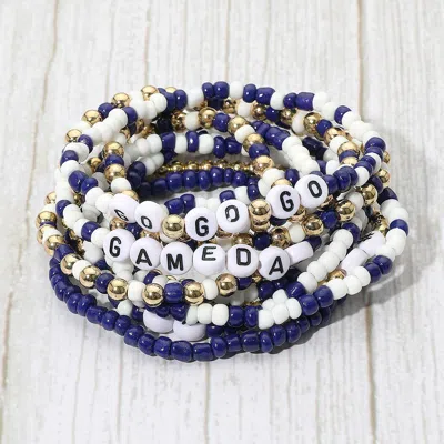 Fashnzfab 10pcs - Go Gameday Message Beaded Stretch Multi Layered Bracelets Blue, White In Multi