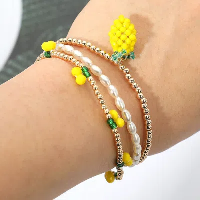Fashnzfab 3pcs - Pearl Lemon Seed Beaded Stretch Multi Layered Bracelets In Multi