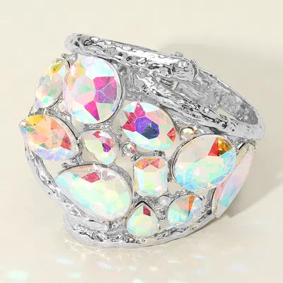 Fashnzfab Round Teardrop Oval Stone Embellished Wide Hinged Bangle Bracelet Ab, Rhodium In Multi