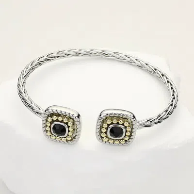 Fashnzfab Round Stone Paved Square Tip Braided Metal Cuff Bracelet Jet Black, Two Tone In Multi