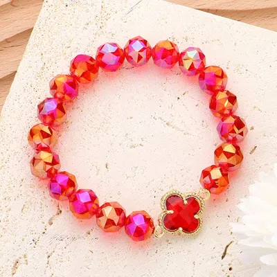 Fashnzfab Quatrefoil Pointed Faceted Beaded Stretch Bracelet Gold, Red In Multi