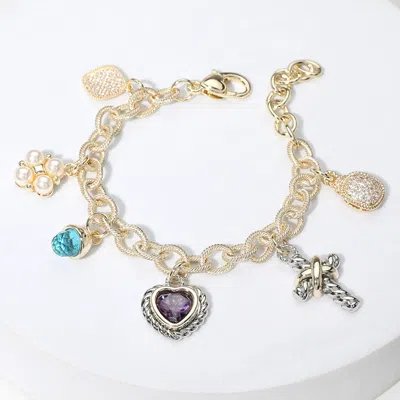 Fashnzfab 14k Gold Plated Cz Heart Stone Pearl Cluster Metal Cross Charm Station Bracelet Multi, Rhodium In Gold