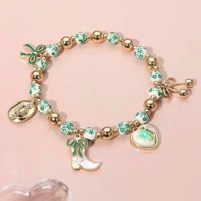 Fashnzfab Enamel Bow Western Cowboy Boot Hat Heart Charm Ceramic Ball Beaded Stretch Bracelet Gold, Green In Multi