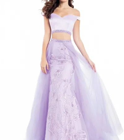 Rachel Allan Two-piece Off Shoulder Gown With Overskirt In Lilac In Blue