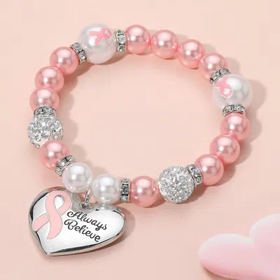 Fashnzfab Always Believe Pink Ribbon Heart Charm Pearl Shamballa Ball Beaded Stretch Bracelet Cream, Light, Pi In Multi