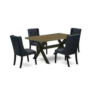 East West Furniture 5 Pc Dining Room Table Set Consists Of 4 Black Linen Fabric Dining Chairs With Nailheads And Distres In Multi