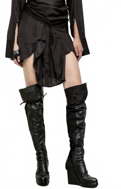 Free People Pre-loved Jedda Fabric Wedge Over Knee Leather Boot In Black In Black