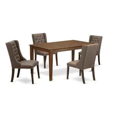 East West Furniture 5-pc Kitchen Dining Room Set Includes 1 Rectangular Table And 4 Brown Linen Fabric Parsons Dining Ro In Brown