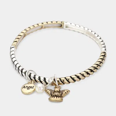 Fashnzfab Pearl Angel Charm Stretch Bracelet Two Tone In Multi