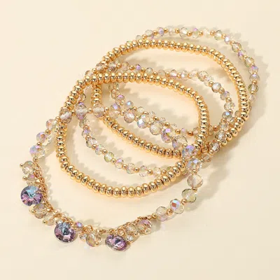 Fashnzfab 5pcs - Round Stone Charm Station Faceted Beaded Stretch Multi Layered Bracelets In Gold