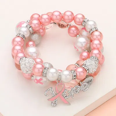 Fashnzfab 3pcs - Stone Paved Pink Ribbon Hope Message Charm Shamballa Ball Pointed Pearl Beaded Stretch Multi  In Multi