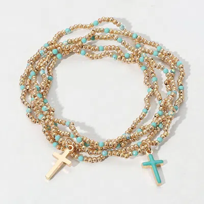 Fashnzfab 5pcs - Cross Charm Pointed Seed Beaded Stretch Multi Layered Bracelets In Gold