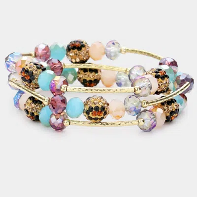 Fashnzfab 3pcs - Leopard Patterned Shamballa Ball Faceted Beaded Stretch Bracelets Multi In Multi