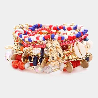 Fashnzfab 10pcs - Puka Shell Metal Bow Elephant Charm Pointed Various Beads Beaded Stretch Multi Layered Brace In Multi