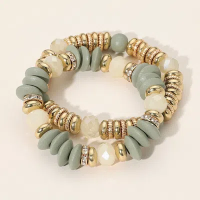 Fashnzfab 2pcs - Mixed Flat Wood Metal Faceted Beaded Stretch Multi Layered Bracelets In Gray