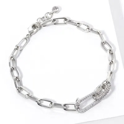 Fashnzfab White Gold Dipped Cz Stone Paved Link Pointed Paperclip Chain Bracelet Clear, Rhodium In Multi