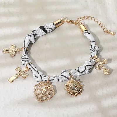 Fashnzfab Cross Heart Evil Eye Charm Embellished Scarf Fabric Chain Bracelet Gold, White In Multi