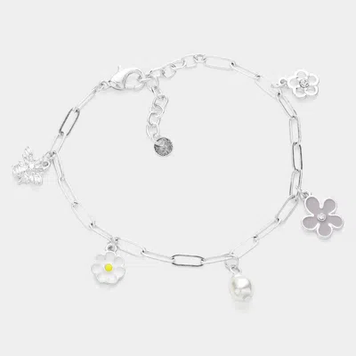 Fashnzfab Pearl Enamel Flower Metal Honey Bee Charm Station Bracelet Worn Silver In Metallic