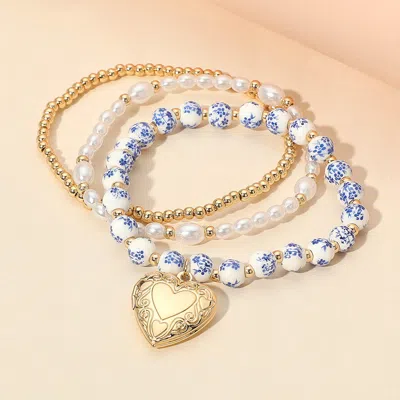 Fashnzfab 3pcs - Metal Heart Locket Charm Pearl Ceramic Metal Ball Beaded Stretch Multi Layered Bracelets Blue In Multi