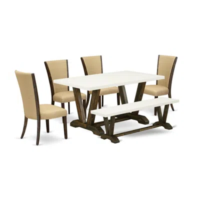 East West Furniture 6 Piece Dining Room Table Set - 4 Brown Linen Fabric Dining Chair With Nailheads And Linen White Woo In Multi
