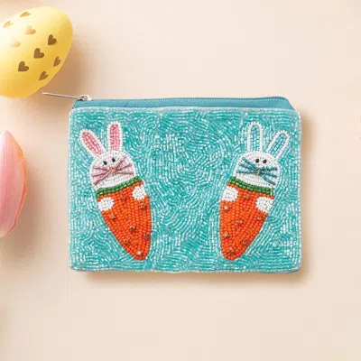 Fashnzfab Easter Bunny Carrot Seed Beaded Mini Pouch Bag In Blue