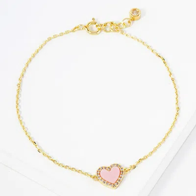 Fashnzfab Gold Dipped Cz Stone Paved Rim Heart Charm Pointed Bracelet Gold, Pink In Multi