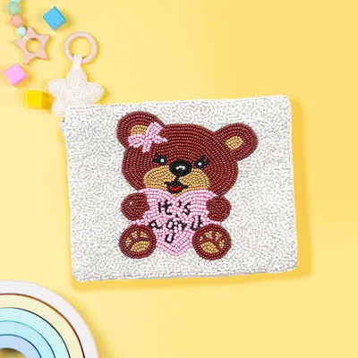 Fashnzfab It's A Girl! Message Bear Seed Beaded Mini Pouch Bag In Pink