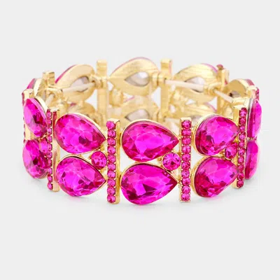 Fashnzfab Crystal Teardrop Rhinestone Pave Stretch Evening Bracelet Fuchsia, Gold In Purple
