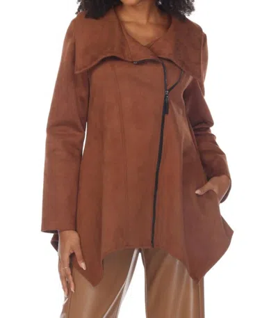 Joseph Ribkoff Faux Suede Zip-up Asymmetric Coat In Toffee In Brown