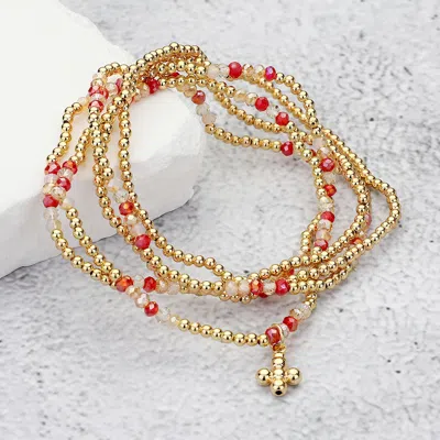 Fashnzfab 5pcs - Metal Bubble Flower Charm Accented Beaded Stretch Multi Layered Bracelets In Red
