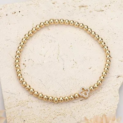 Fashnzfab Secret Box_stone Paved Quatrefoil Brass Metal Ball Beaded Stretch Bracelet Gold In Gold