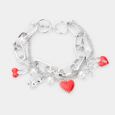 Fashnzfab Pearl Cherry Bear Heart Bow Lock Charm Station Double Layered Toggle Bracelet Rhodium In Metallic