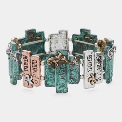 Fashnzfab 'mermaid Kisses And...' Embossed Metal Stretch Bracelet Patina Verdigris In Multi
