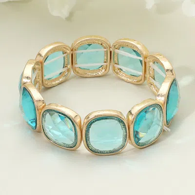Fashnzfab Round Square Faceted Gemstone Frame Beaded Stretch Bracelet Teal, Worn Gold In Multi