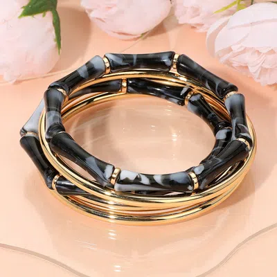 Fashnzfab 5pcs - Resin Bamboo Beaded Stretch Glossy Metal Bangle Stackable Multi Layered Bracelets Black, Gold In Multi