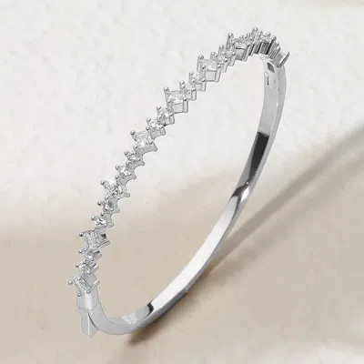 Fashnzfab Rhodium Plated Square Round Shaped Cz Stone Lined Statement Hinged Bangle Bracelet Silver In Silver