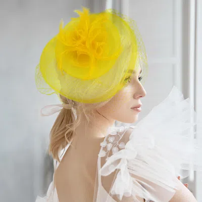Fashnzfab Bow Flower Feather Mesh Fascinator / Headband In Yellow