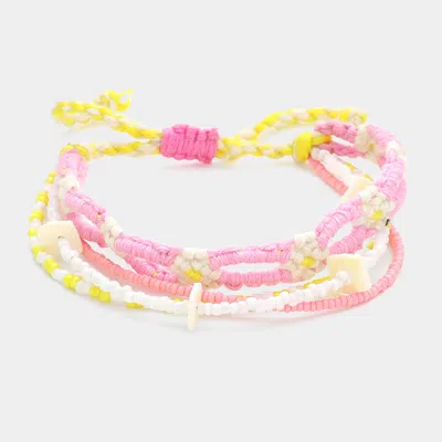 Fashnzfab Flower Threaded Shell Piece Pointed Beaded Adjustable Cinch Pull Tie Bracelet Pink In Multi