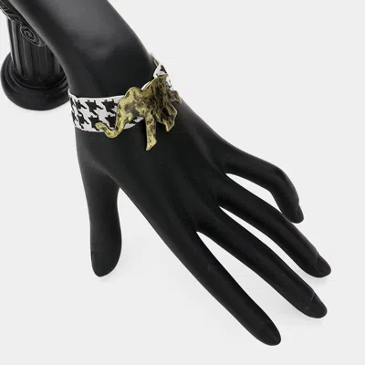 Fashnzfab Hammered Metal Elephant Houndstooth Bracelet / Ponytail Hair Band Gold Burnished, White In Multi