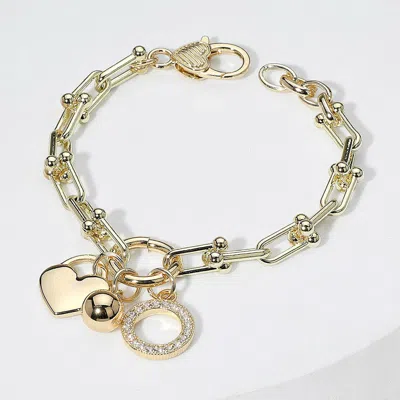 Fashnzfab 14k Gold Plated Cz Stone Paved Ball Heart Charm Pointed Hardware Chain Link Bracelet Gold In Gold