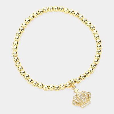 Fashnzfab Cz Stone Paved Crown Charm Stainless Steel Ball Beaded Stretch Bracelet Gold In Gold