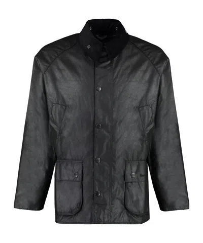 Barbour Waxed Cotton Jacket With Corduroy Collar In Black